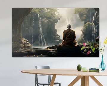 Mönch meditiert in der Natur mit Wasserfall