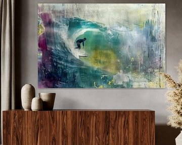 Abstract schilderij van een surfer op een golf -3 van BowiScapes abstract en digitale kunst