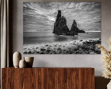 Rocks on the beach in Madeira (black and white)