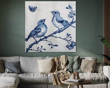 Delfts Blauw Kunstwerk: Tegel met Vogels, Bloemen en Vlinder van Vlindertuin Art