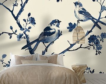 Delft Blue Wall Art with Birds and Blossoms by Vlindertuin-Art