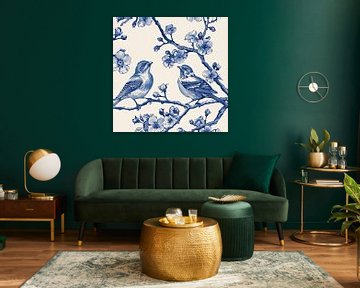 Delfts Blauwe Muurdecoratie: Traditionele Vogels op Bloesemtakke van Vlindertuin-Art