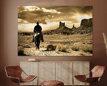 Vintage Cowboy auf Pferd Wandkunst von Vlindertuin-Art