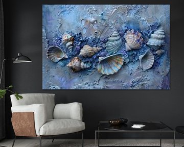 Abstract schilderij met schelpen, blauw van Joriali abstract en digitale kunst