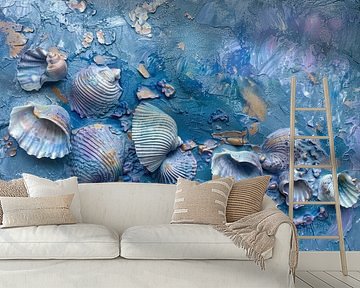Abstract painting with shells, blue