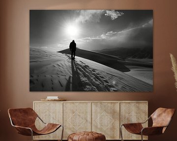 sober portrait in landscape in black and white