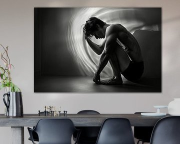 sober portrait in landscape in black and white