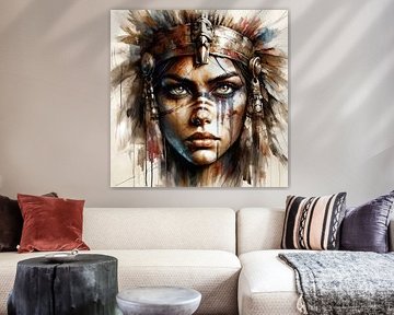 Regal Warrior Woman Watercolor Portrait by Chromatic Fusion Studio