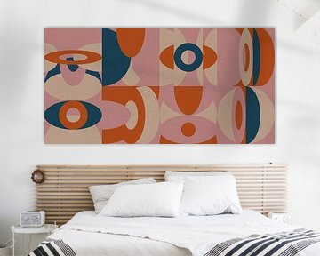 Abstracte retro geometrie in roze, oranje, groenblauw, wit. van Dina Dankers