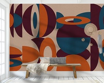 Abstract retro geometry in orange, teal, wine red.