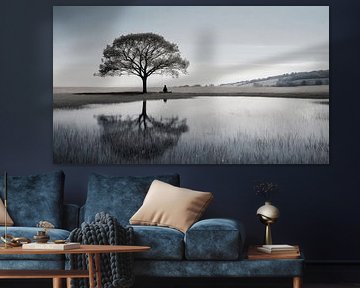 Black and white landscape with a tree