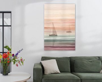 Tijdloze horizon en abstracte zeilboten op zee brengen een gevoel van vakantie en vrijheid van Karina Brouwer