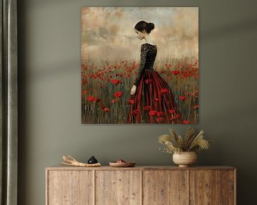 Vrouw in Veld van Rode Klaprozen bij Zachte Dageraad van Color Square