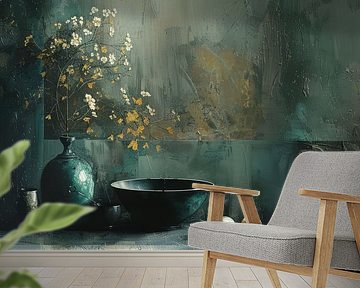 Stilleven in groen en blauw tinten in Japandi stijl van Japandi Art Studio