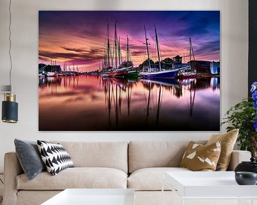 Harbor Evening with Moored Sailboats and Overcast Sky in the Evening