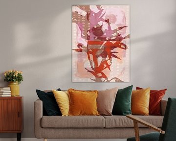 Bloemen echo's. Abstracte botanische kunst. Bladeren in paars, beige, rood. van Dina Dankers