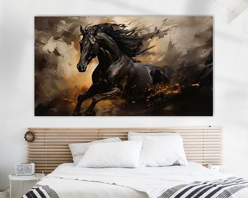 Abstracte artistieke achtergrond met een zwarte paardenhengst, in olieverf ontwerp