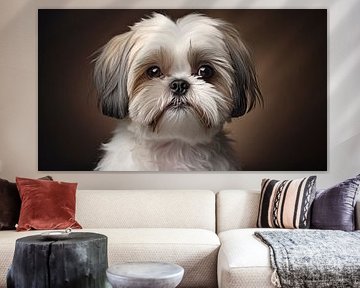 Portrait eines Schwarzen Shih Tzu Hundes auf schwarzen Hintergrund
