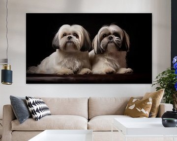 Een paar Shih Tzu honden poseren in een studio met een zwarte achtergrond van Animaflora PicsStock