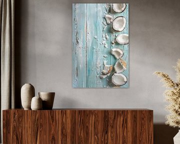 Kokosnoten op lichtblauw hout van Poster Art Shop