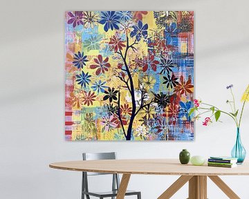 Contrasterende bloemen en takken tegen levendig kleurenspel van Color Square