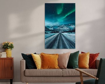 Noorderlicht boven een besneeuwde weg van Poster Art Shop