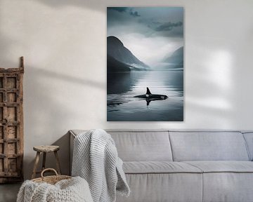 Schwarzweiß-Orca im ruhigen Wasser von Poster Art Shop