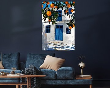 Blauwe deur en oranje boom van Poster Art Shop