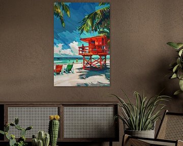 Kleurrijke strandidylle met reddingstoren van Poster Art Shop