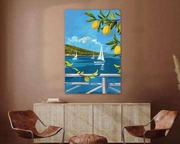 Lemons and sailing boats by the sea by Poster Art Shop