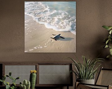Kleine schildpad op het strand van Poster Art Shop