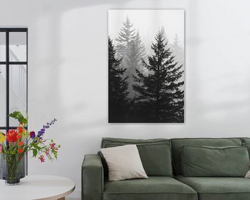 Mistige dennenbomen in het bos van Poster Art Shop