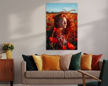 Rode bloemen en gouden haar van Poster Art Shop