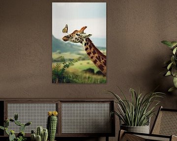Giraffe ontmoet vlinder in de natuur van Poster Art Shop