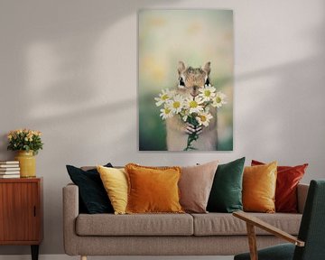 Een vrolijke eekhoorn met bloemen van Poster Art Shop