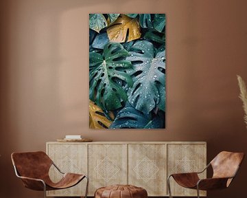 Feuilles vertes tropicales avec gouttelettes d'eau sur Poster Art Shop