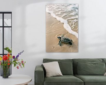 Kleine schildpad op het strand van Poster Art Shop