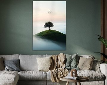 Boomstamkano in het mistige landschap van Poster Art Shop