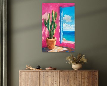 Cactus met uitzicht op zee en blauw raam van Poster Art Shop