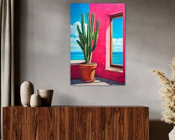 Cactus met uitzicht op zee in het roze huis van Poster Art Shop