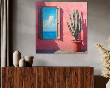 Uitzicht op zee met cactus van Poster Art Shop