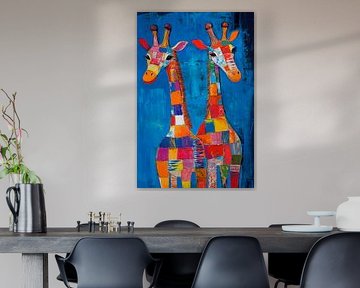 Des girafes multicolores dans le bleu sur Poster Art Shop