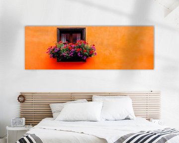 Fenêtre fleurie sur mur orange sur Poster Art Shop