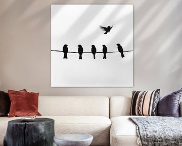 Vogels in de vlucht en op de draad van Poster Art Shop