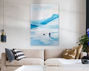 Besneeuwd landschap met trouwe metgezel van Poster Art Shop