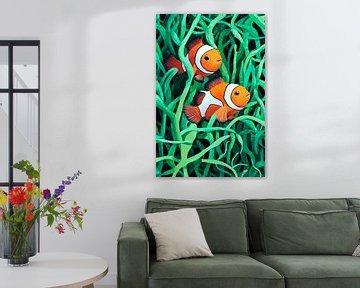Kleurrijke clownsvissen in het zeegras van Poster Art Shop