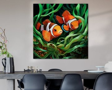 Kleurrijke clownsvissen in het zeegras van Poster Art Shop