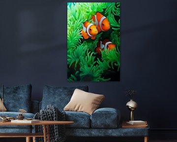 Kleurrijke clownsvissen in de koraalzee van Poster Art Shop