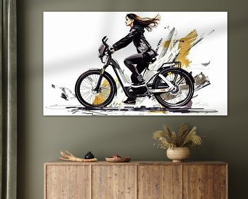 Young woman on e-bike in front of abstract background by Frank Heinz