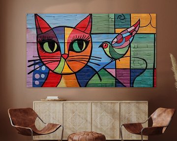 Kleurrijke kat en de vogel panorama van TheXclusive Art